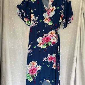 Chic Soul Floral Wrap Dress in Navy Blue